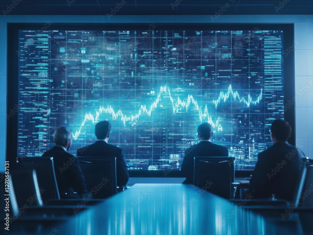 Poster two individuals engaged in discussion at a table with data visualization on a large screen creating 