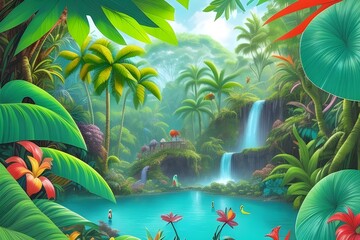A lush tropical jungle with a cascading waterfall, turquoise pool, and vibrant foliage. Sunlight breaks through the canopy, adding life to the scene.