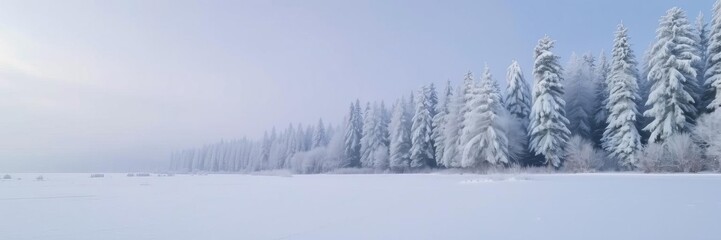 Naklejka premium Winter forest scene with trees blanketed in fluffy snow and glistening frost, creating a serene and enchanting atmosphere, landscape, cold, scenic