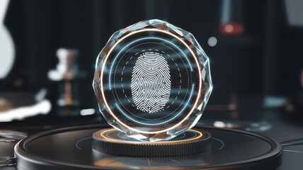 Financial prevention tools concepts. Digital fingerprint displayed in a glowing 3D holographic interface on a sleek platform.