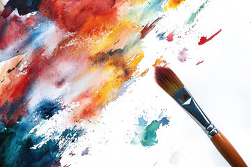 Paint brushes and colorful watercolor paint splashes on white background
