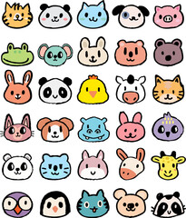 Cute Cartoon Face Animal Doodle, Kids Drawings of  doodle animals, icons, Vector illustrations