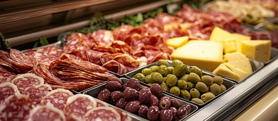 A close-up of a grocery store deli counter with sliced meats, cheeses, and olives on display.