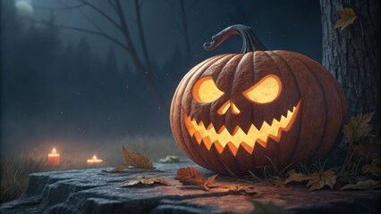 Obraz premium Halloween Pumpkin Carving Event Spooky Forest Digital Art Nighttime Eerie Atmosphere