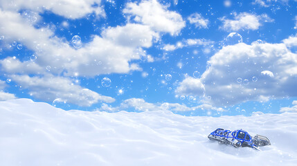 Futuristic Vehicle in Snowy Wonderland Under a Dreamy Bubble Sky of Clouds and Sparkling Snow
