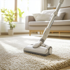 Modern Vacuum Cleaner in Action on Plush Light Carpet, Bright Minimalist Interior, Home Cleaning and Fresh Living Space
