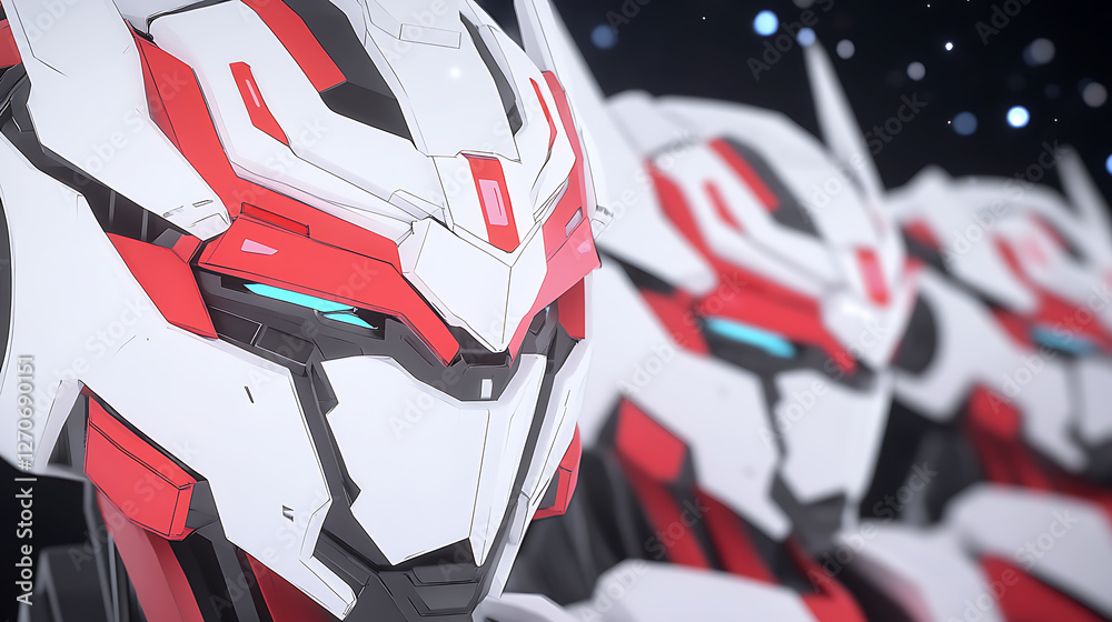 Poster futuristic white and red robots squad close up angular design gleaming light points on dark backdrop