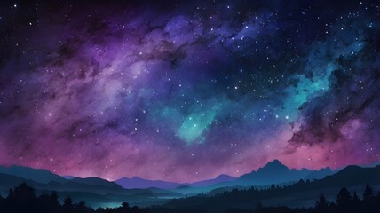 Fototapeta premium The Milky Way stretches over the dark mountains. Purple and blue cosmic clouds shimmered in the star-studded sky.