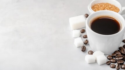 Cup of freshly brewed coffee with sugar-free sweetener options, including sorbitol, erythritol, and xylitol, in ceramic bowls.
