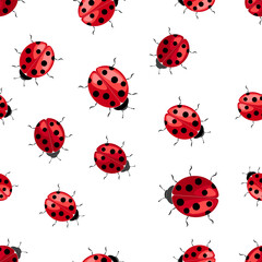 Colorful ladybug seamless pattern on a white background creates a playful and cheerful atmosphere