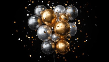 Festive Cluster of Metallic Balloons with Glittering Confetti for Celebration and Party Decorations on a Dark Background