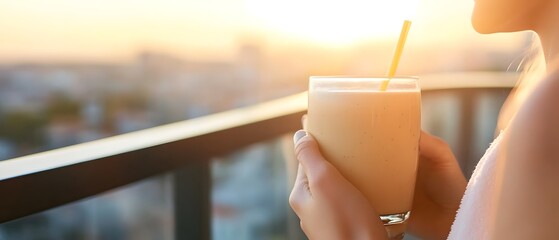 Peaceful Post Workout Moment with Refreshing Smoothie on Balcony Overlooking Urban Skyline
