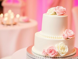 Naklejka premium Three tier wedding cake with roses and pearls, elegant, dessert, special occasion