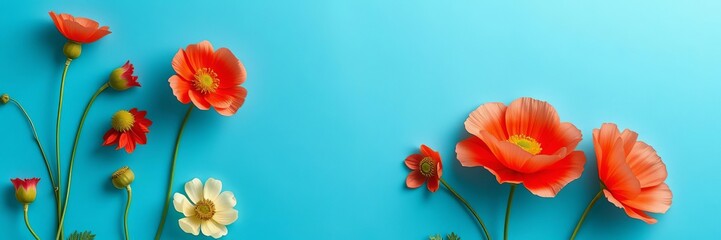 Obraz premium Vibrant paper cut art of bright poppy flowers on soft blue background, bold, soft, flowers