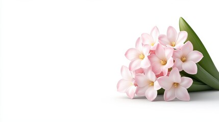 A delicate bouquet of pink flowers with green leaves on a white background, ideal for spring or floral designs.