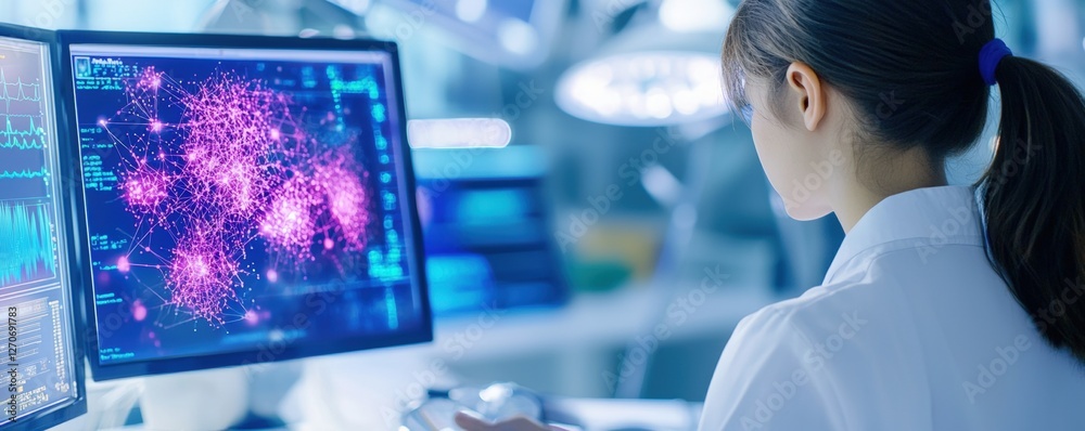 Poster a researcher analyzes vibrant data visuals on a computer screen, focusing on complex patterns and sc