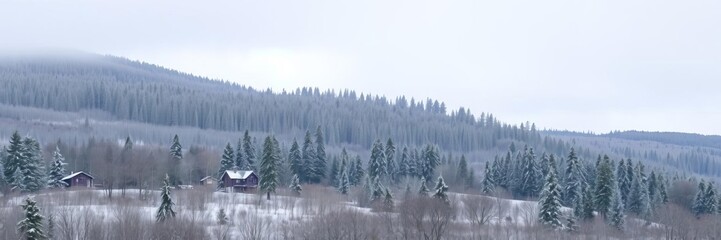 Obraz premium Snow capped house on hill overlooking winter wonderland of snow covered trees, forest, winter, season
