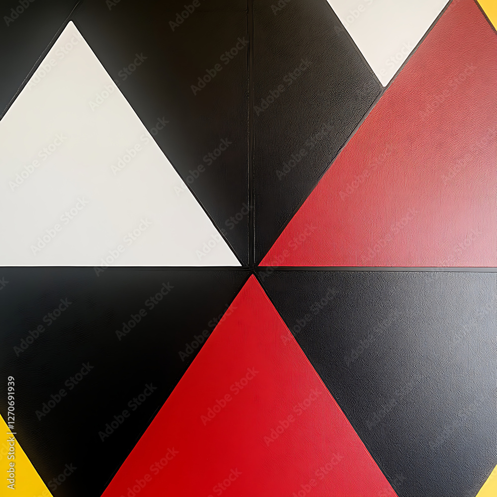 Poster geometric abstraction with black white red and yellow triangles creating visual texture and depth