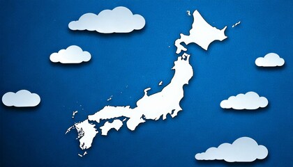 JAPAN: Graphic design background of illustration in the shape of Japanese archipelago and sea of clouds. Japan travel.