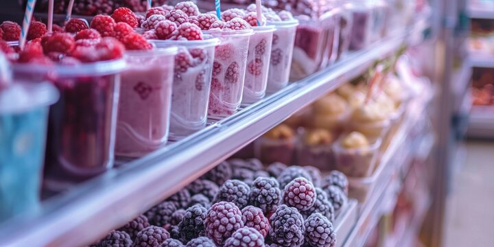 A close-up of a grocery store freezer with frozen berries, smoothie packs, and desserts.