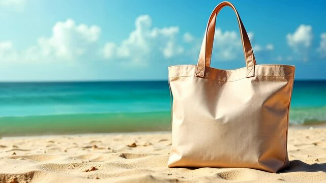 4k frame of a bag with things standing on the beach by the sea