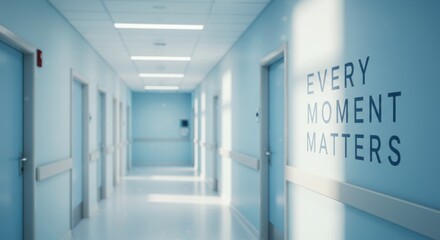 Obraz premium Bright hospital corridor with motivational text on wall, clean environment, and well-lit space