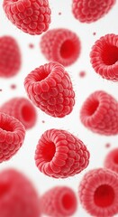 Fresh raspberries floating against bright white background