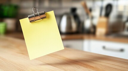 Bright yellow sticky note clipped to wooden surface in a warm kitchen atmosphere