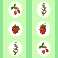 Cute fruity stripes seamless pattern. Hand drawn raspberries in vertical green stripes. Raster endless kids illustration for fabric, packaging, textile, apparel, wallpaper