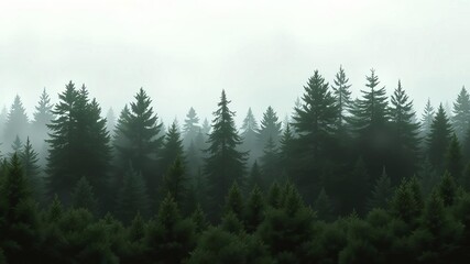 Obraz premium mystical forest background with foggy evergreen trees silhouette vector illustration, evergreen, pine, vector