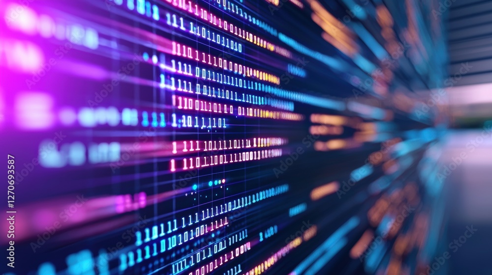 Poster a vibrant, abstract representation of digital data streaming, showcasing colorful lines and binary c