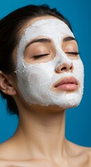 Fototapeta premium Calm woman with clay face mask on blue background for skincare and beauty concept