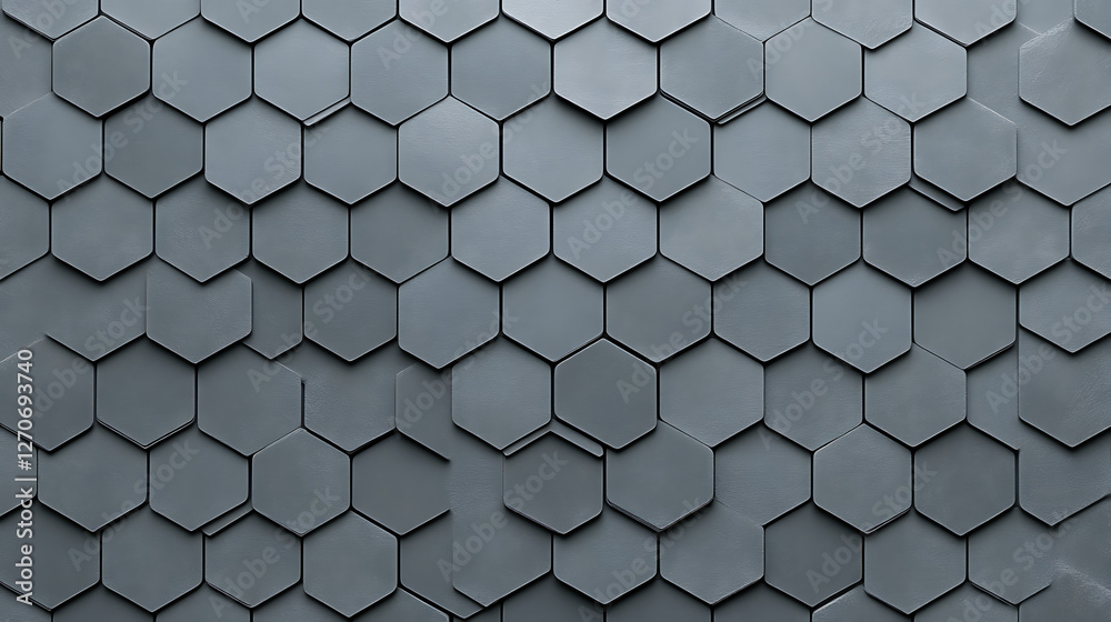 Poster geometric hexagon tile arrangement creating an abstract pattern of gray shapes and metallic texture