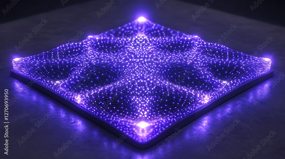 Poster geometric lattice structure with illuminated points creating a wavy surface network design