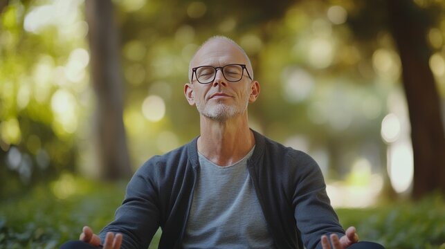 Myopia prevention with a man wearing glasses meditating in a quiet park. Mindfulness, relaxation, and eye health