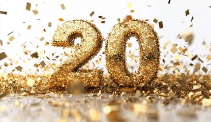 Shiny Golden Number 20 Surrounded by Sparkling Confetti and Glitter for Celebration, Party, and Festive Events in Bright and Joyful Atmosphere