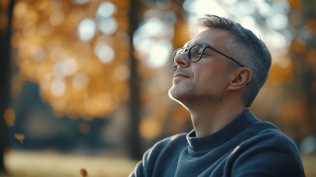 Myopia prevention with a man wearing glasses meditating in a quiet park. Mindfulness, relaxation, and eye health