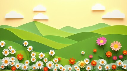 Fototapeta premium Vibrant paper cut landscape with mountain background, fluffy clouds, green hills, colorful paper flowers, landscape, paper cut, rolling green hills