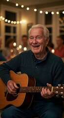 Obraz premium Elderly man joyfully playing acoustic guitar at cozy family gathering