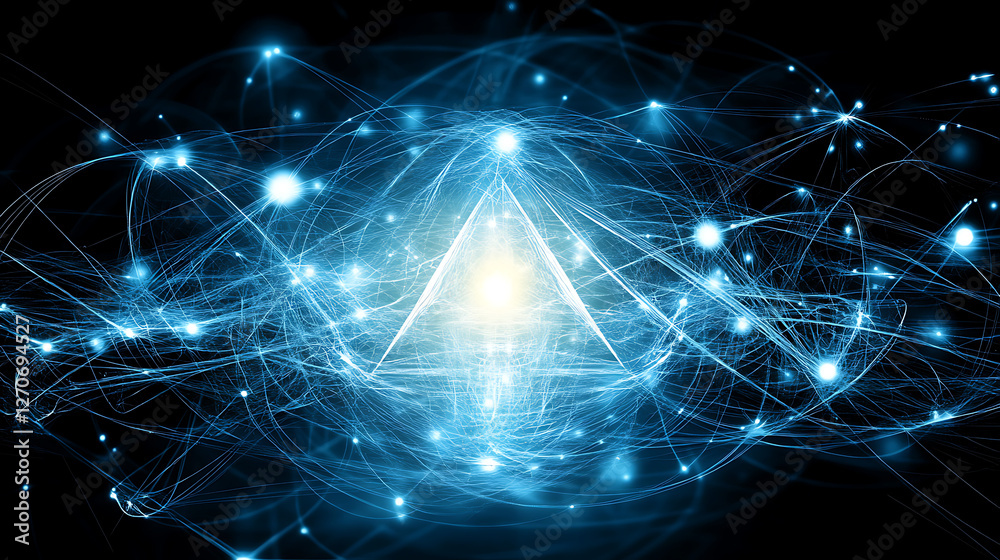 Poster geometric network of light and connection creating abstract design with bright glowing center