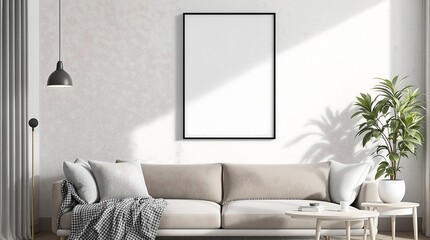 Minimalist Living Room With Blank Frame on Wall and Comfortable Furniture, generator AI