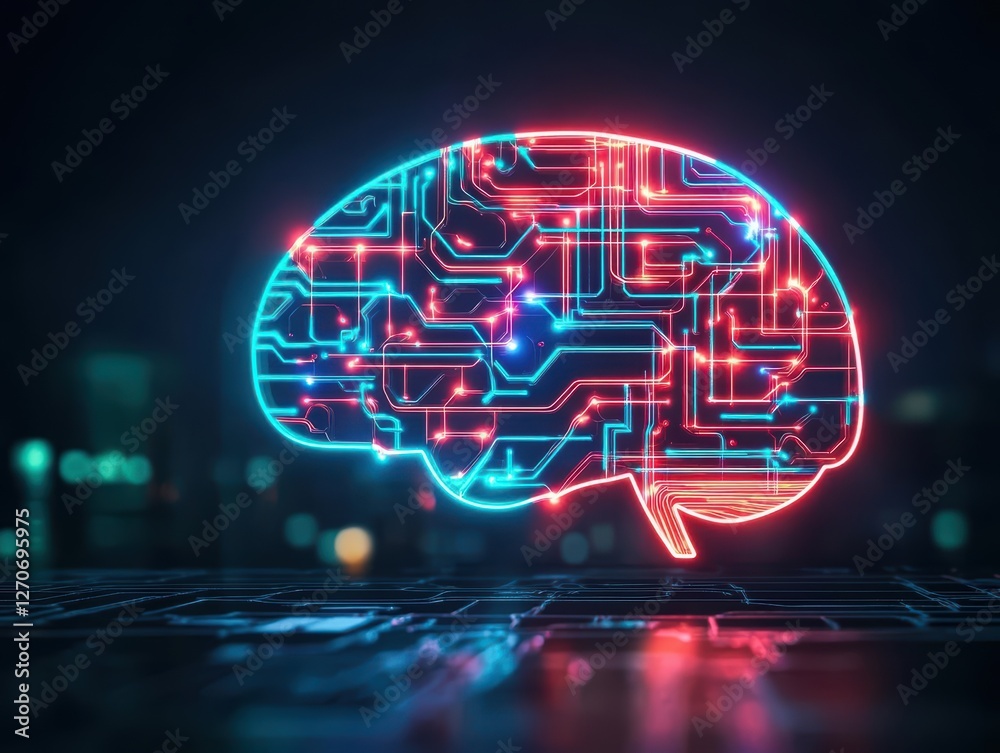 Poster intricate brain design with embedded circuitry representing the fusion of technology and neuroscienc