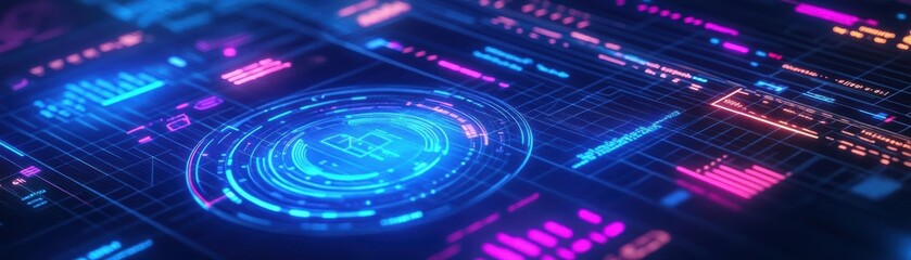 Futuristic Digital Interface with a Glowing Circular Element Surrounded by Abstract Shapes and Vivid Colors Offering a Modern Technological Aesthetic