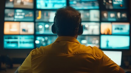 Security Guard Monitoring Glowing Surveillance Screens in Modern Control Room