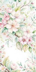 Fototapeta premium A delicate watercolor mobile wallpaper featuring soft pink cherry blossoms and green leaves.