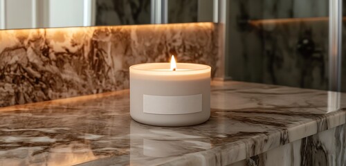 Fototapeta premium A clean white soy candle with a subtle label on a sleek marble bathroom countertop