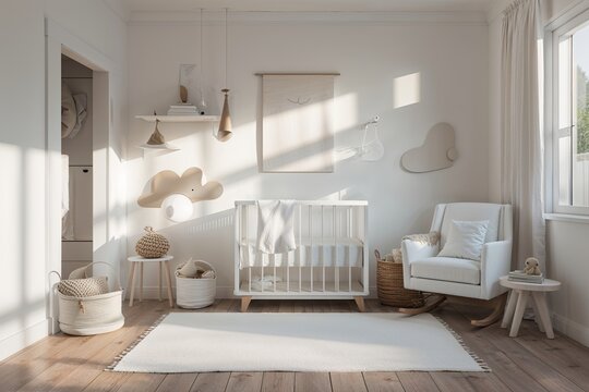 Serene White Nursery Design Featuring Cozy Shadows and Minimalist Decor Ideas