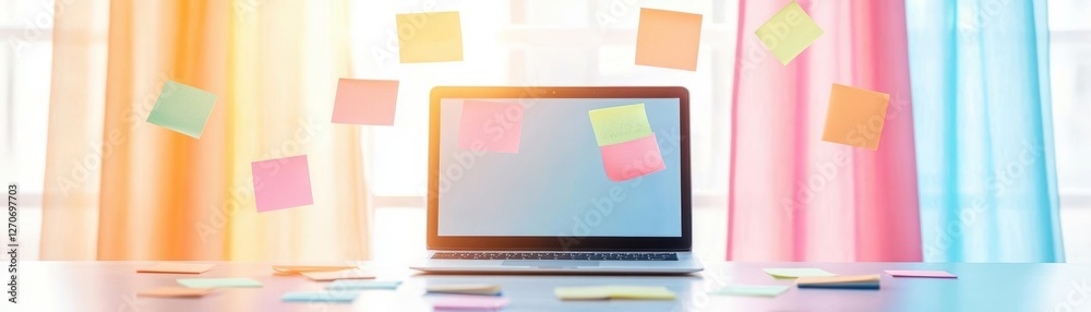 Poster a laptop computer adorned with colorful sticky notes on the screen creating a vibrant and organized 