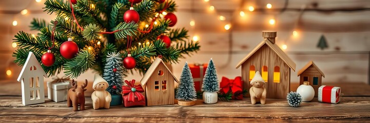 Wood table tabletop product display with festive Christmas background, featuring a Christmas tree and fairy lights, Christmas, decorations, wooden