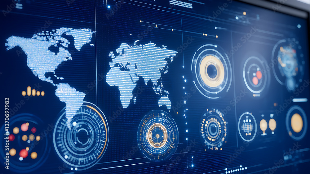 Poster global data visualization interface on screen world map displays sophisticated graphics